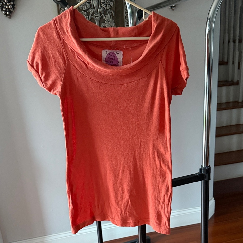 Free People Cowl Neck Orange Short Sleeve Tee
